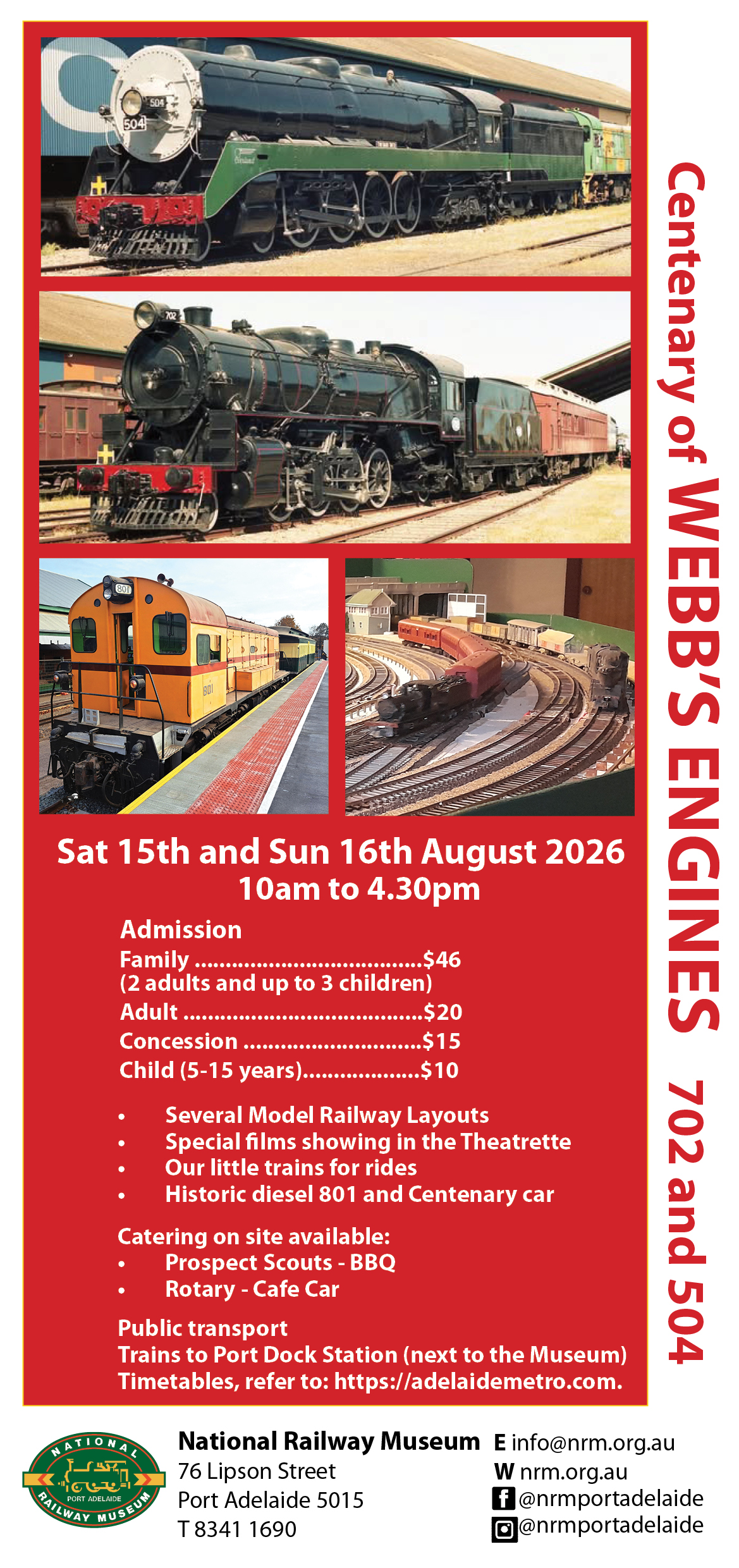 A flyer showing the dates, times, and admission prices for the Webb Engines event